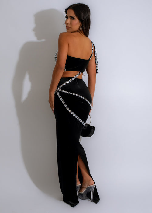 Glamour Nights Velvet Rhinestones Skirt Set Black