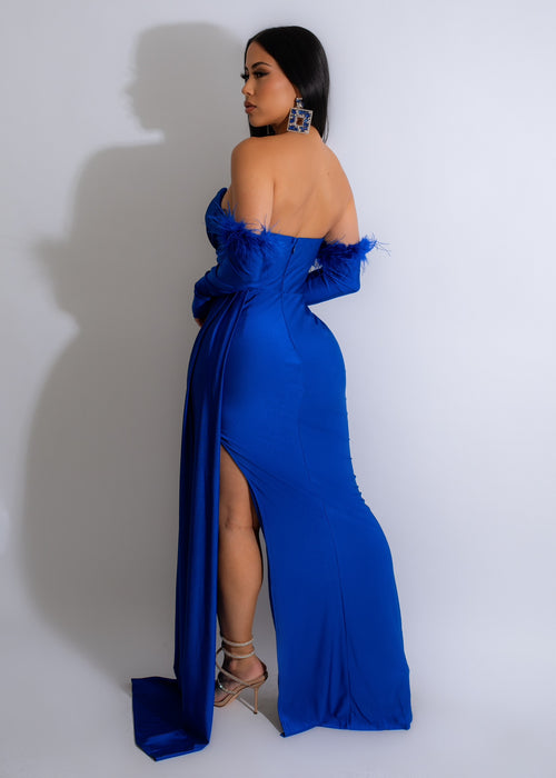 All For Attention Ruched Feather Maxi Dress Blue