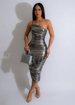 A Woman's Worth Metallic Ruched Midi Dress Silver