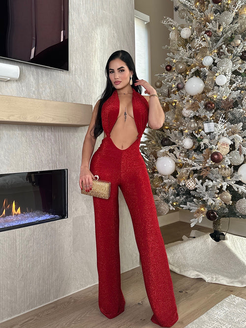 That's All Me Glitter Jumpsuit Red