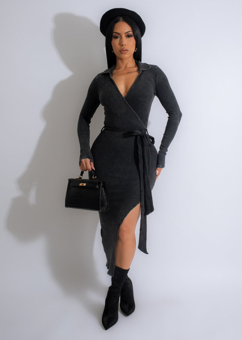 Stylish and chic black In Control Ribbed Midi Dress with flattering ribbed design