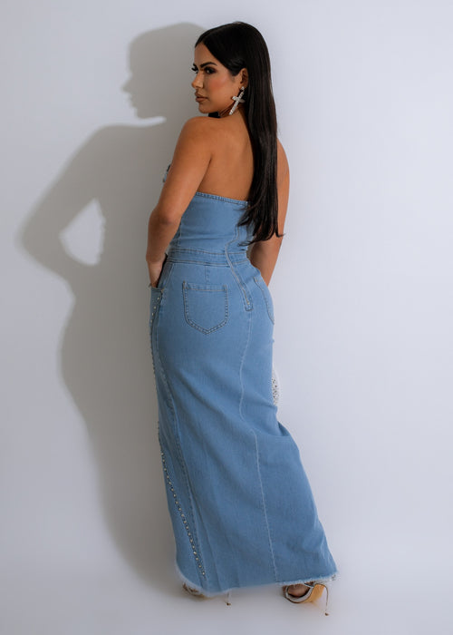 Don't Forget You Rhinestones Denim Midi Dress