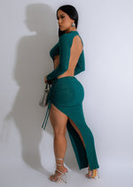 Shimmering green maxi dress with glitter detail, perfect for special occasions