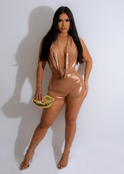 Concupiscent Ruched Metallic Romper Gold with plunging neckline and ruched detailing