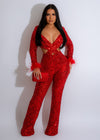 Sugar Honey Sequin Feather Jumpsuit Red