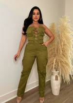 Forever Young Cargo Jumpsuit Green in olive color with adjustable waist belt