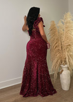  Gorgeous long sleeve gown in rich velvet fabric adorned with sparkling sequins for a luxurious and stylish look