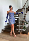  Stylish and glamorous blue bandage rhone mini dress on a mannequin
