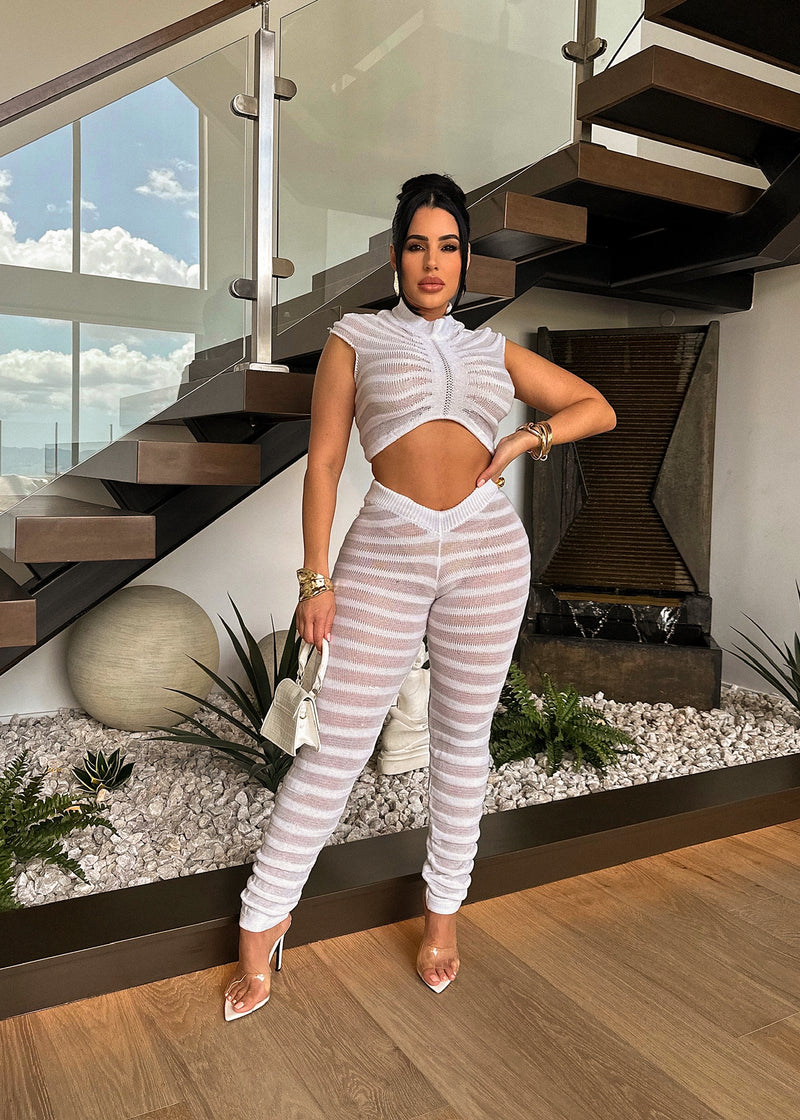 White knitted legging and top set for women, the Temptation Knitted Legging Set