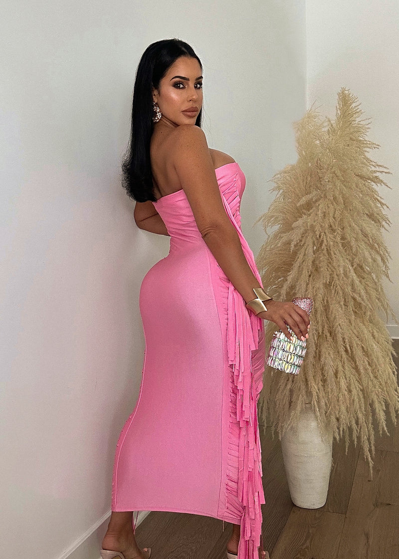 Take A Seat Fringe  Midi Dress Pink