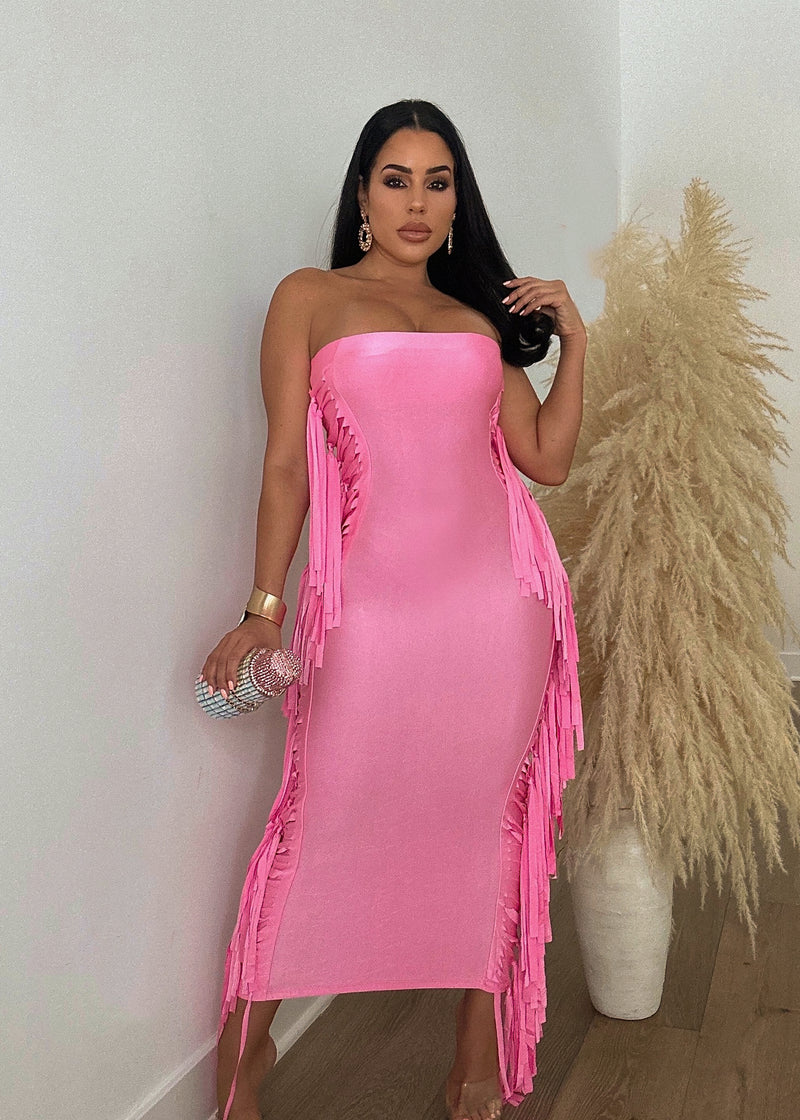 Take A Seat Fringe  Midi Dress Pink