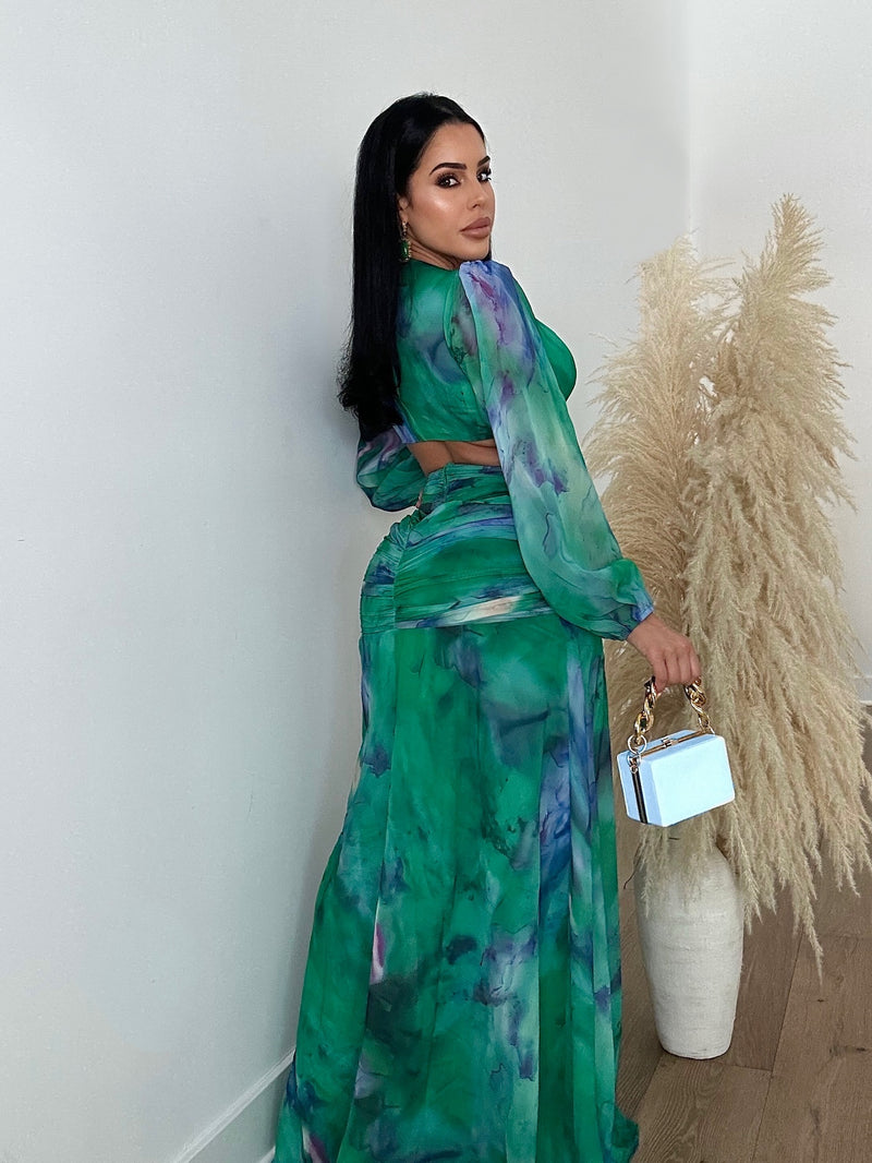 Modest Muse Diamonds Ruched Maxi Dress Green