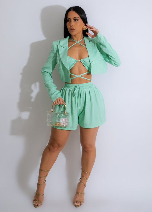 Classy Girl Silk Short Set in Green, perfect for lounging