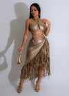 Of Impact Fringe Faux Leather Skirt Set Gold
