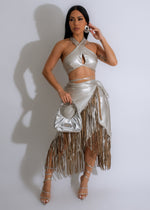 Close-up of Impact Fringe Faux Leather Skirt Set in Silver