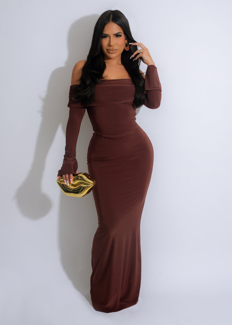 Irresistible Love Ruched Skirt Set Brown