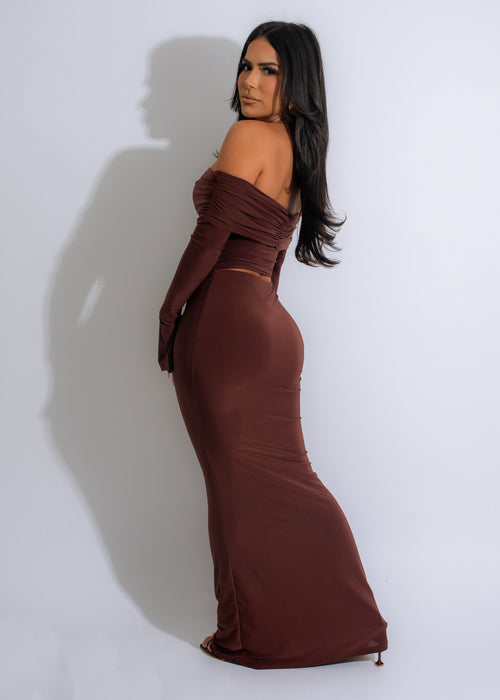 Irresistible Love Ruched Skirt Set Brown