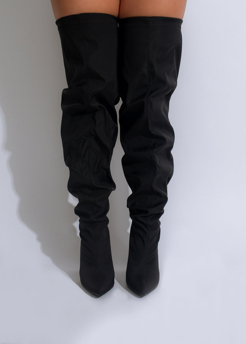  Fierce bad girl high knee boots in black suede with silver buckles