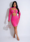 Beautiful pink mini dress with heart cutouts and matching accessories