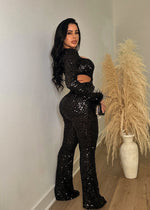 Sugar Honey Sequin Feather Jumpsuit Black