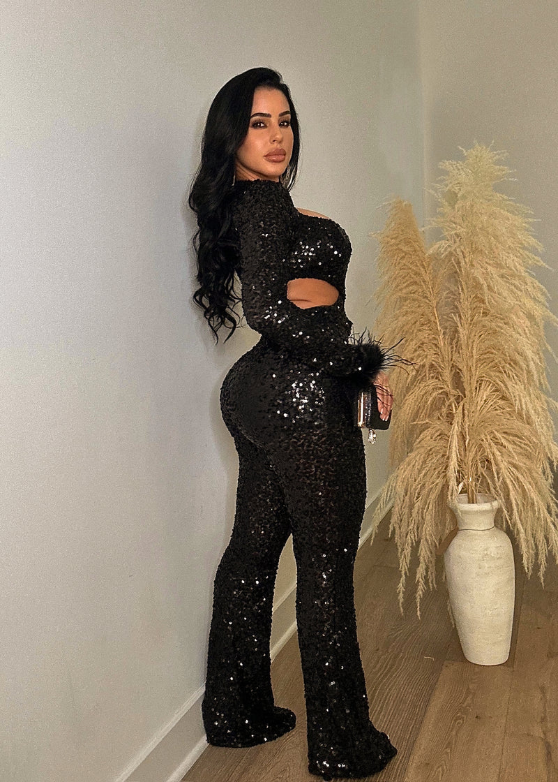 Sugar Honey Sequin Feather Jumpsuit Black