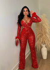 Sugar Honey Sequin Feather Jumpsuit Red