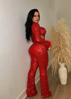 Sugar Honey Sequin Feather Jumpsuit Red