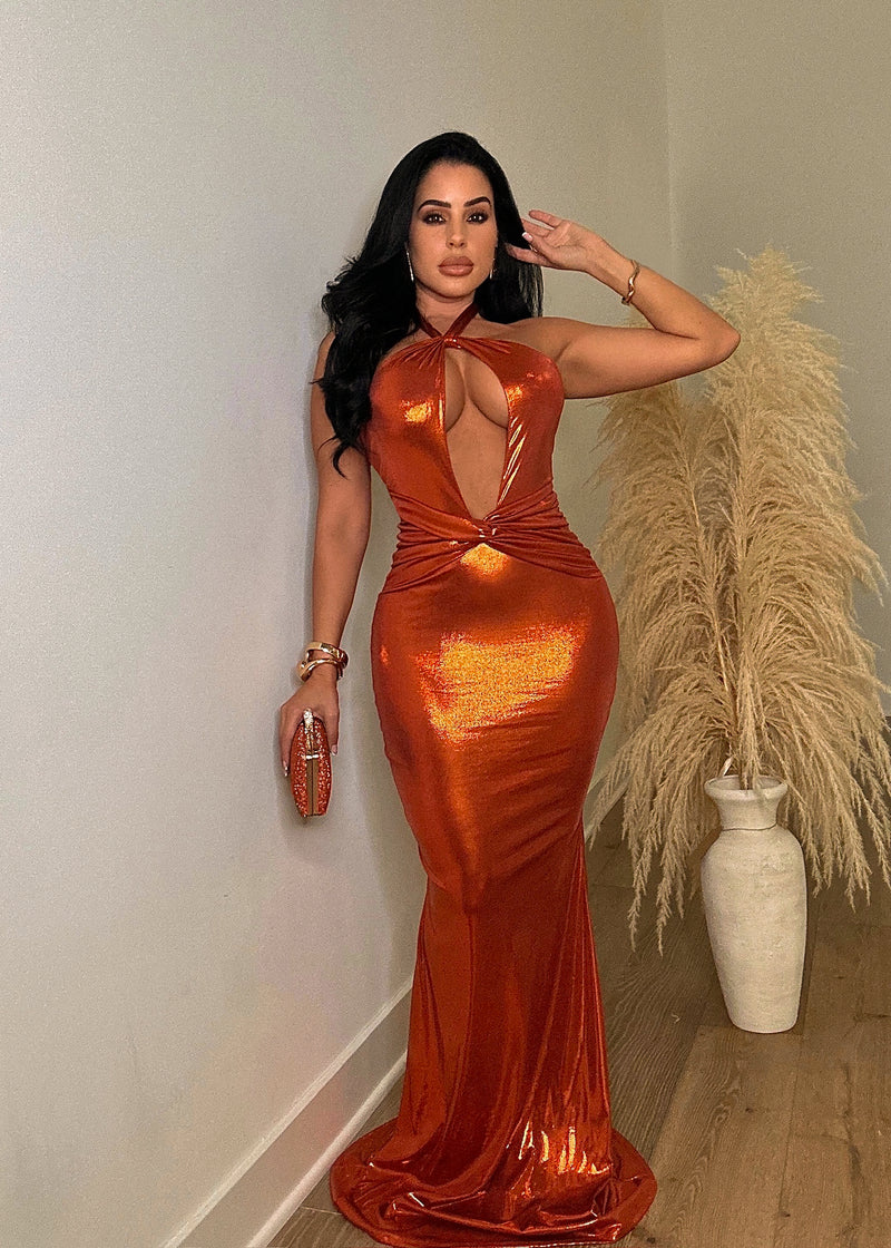 Missing You Metallic Maxi Dress Orange