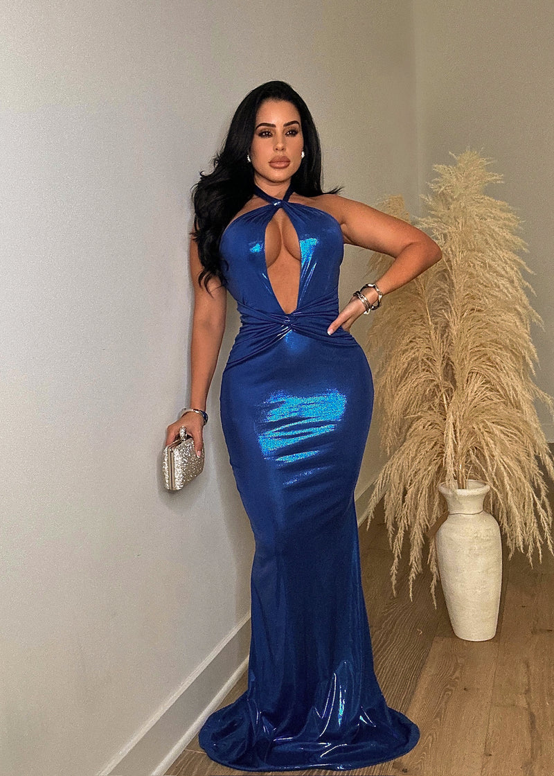 Missing You Metallic Maxi Dress Blue