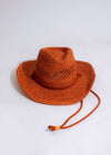 Brown cowboy hat with wide brim and intricate stitching detail