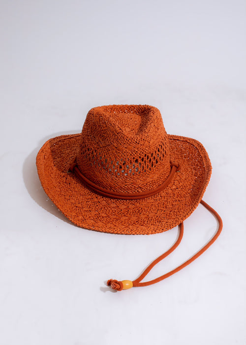 Brown cowboy hat with wide brim and intricate stitching detail