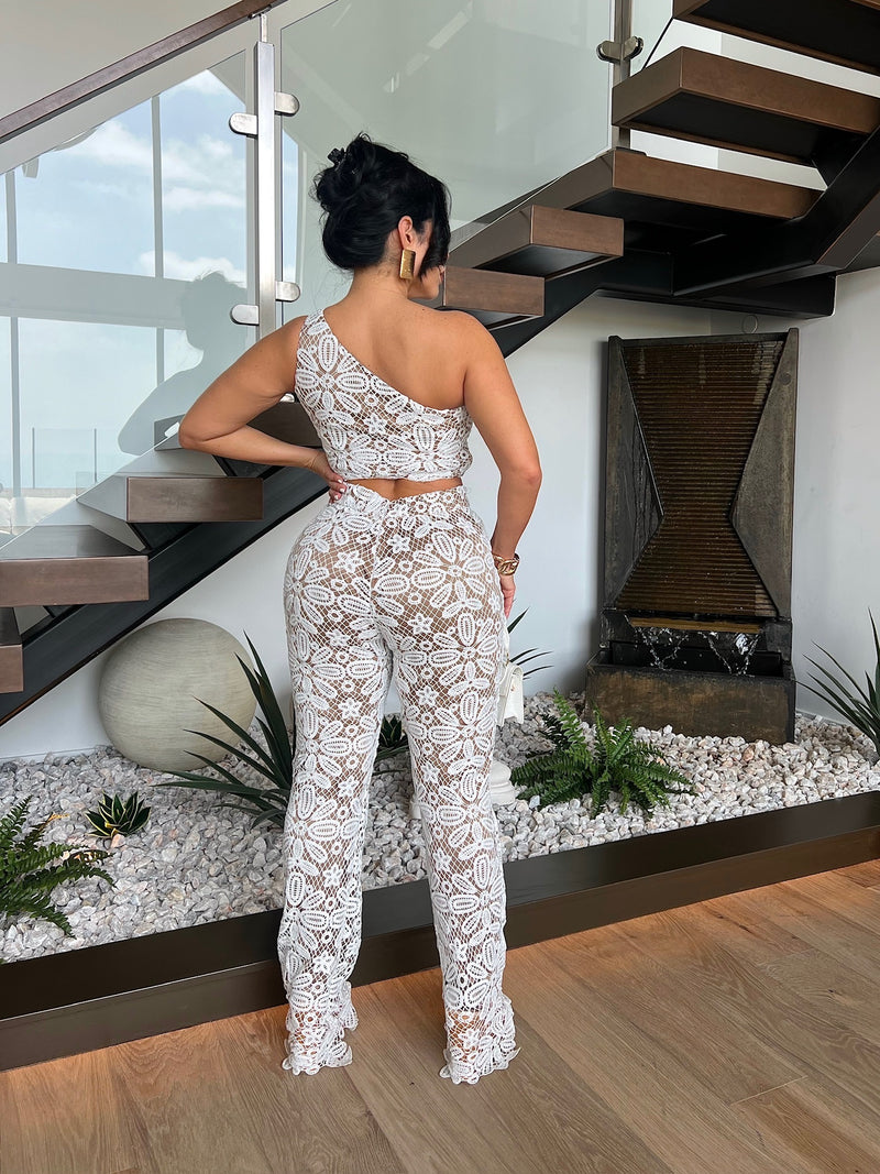 Luxe Bloom Lace Pant Set White