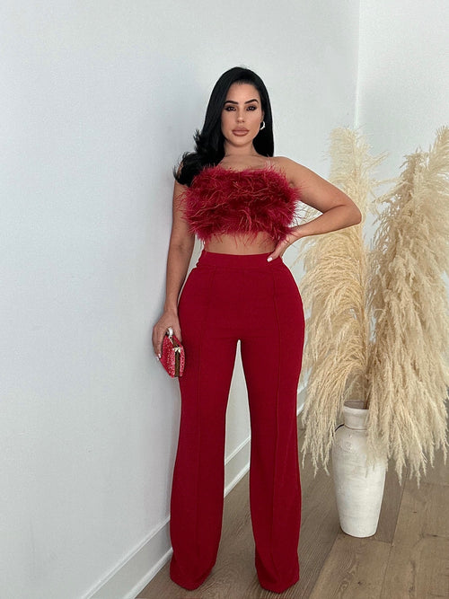 Last Date Feathers Pant Set Red