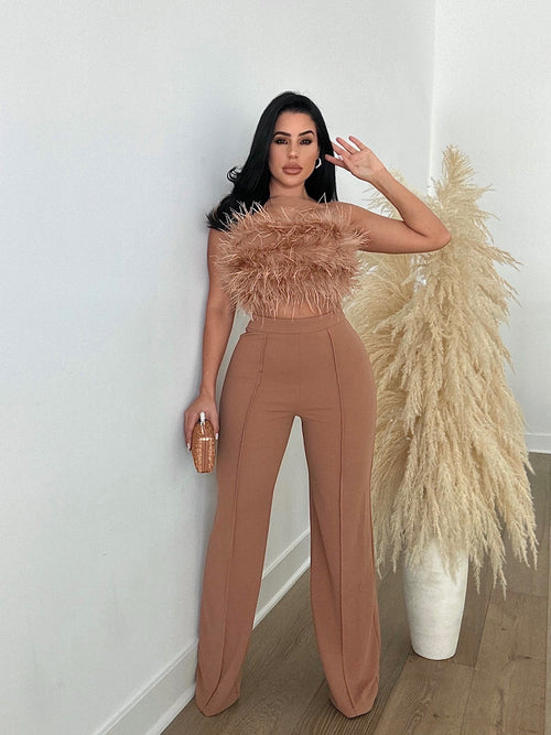 Last Date Feathers Pant Set Brown