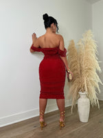 Love To Show Glitter Ruched Midi Dress Red