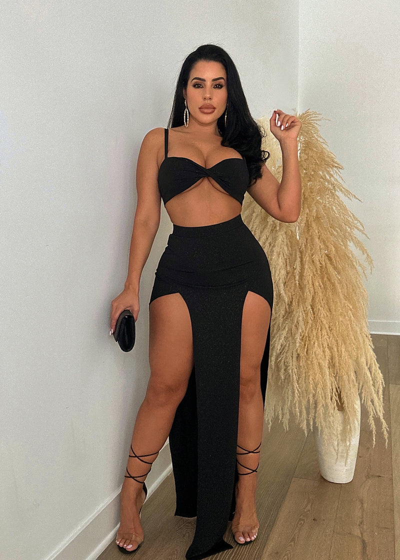 I Feel Sufficient Glitter Skirt Set Black