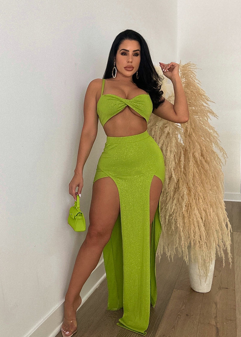I Feel Sufficient Glitter Skirt Set Green