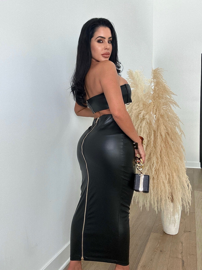 Catching Attention Faux Leather Skirt Set Black