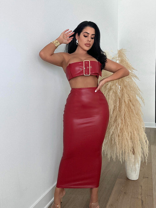 Catching Attention Faux Leather Skirt Set Red