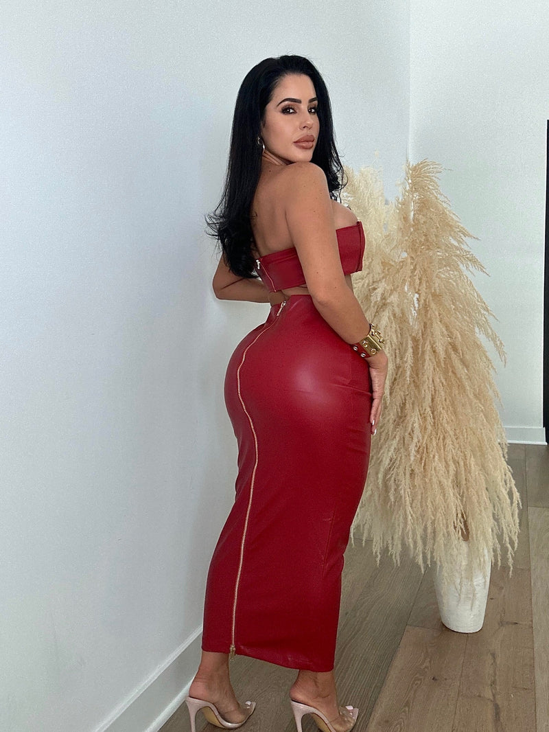 Catching Attention Faux Leather Skirt Set Red