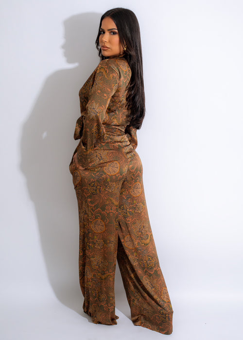 Luxurious silk pant set featuring a stylish and sophisticated dress code pattern