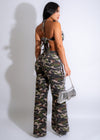 So Sexy Camo Distress Pant Set in olive green, featuring distressed detailing and a matching crop top