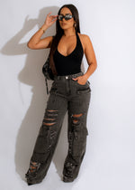 That Girl Denim Jean in classic blue wash with distressed details and frayed hem, perfect for a casual and stylish look 