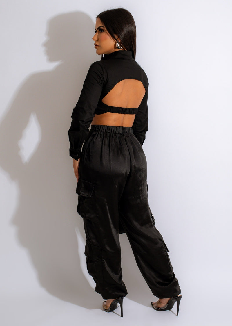  Close-up of back pockets on black cargo jogger pants