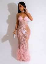 All Over Mesh Feather Maxi Dress Pink