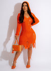 Stunning orange crochet mini dress showcasing intricate detailing and flattering silhouette