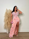 Elegant and luxurious Baroque Beauty Mesh Rhinestones Maxi Dress in soft pink color