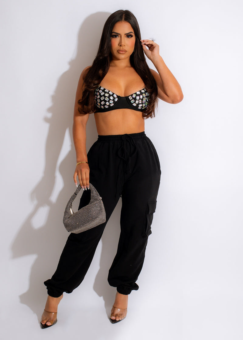 Irreplaceable Rhinestones Jogger Set Black with Sparkling Rhinestone Accents