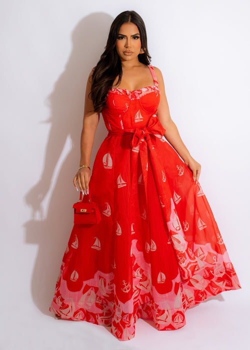 Stunning red maxi dress with a flowy silhouette, perfect for a day out