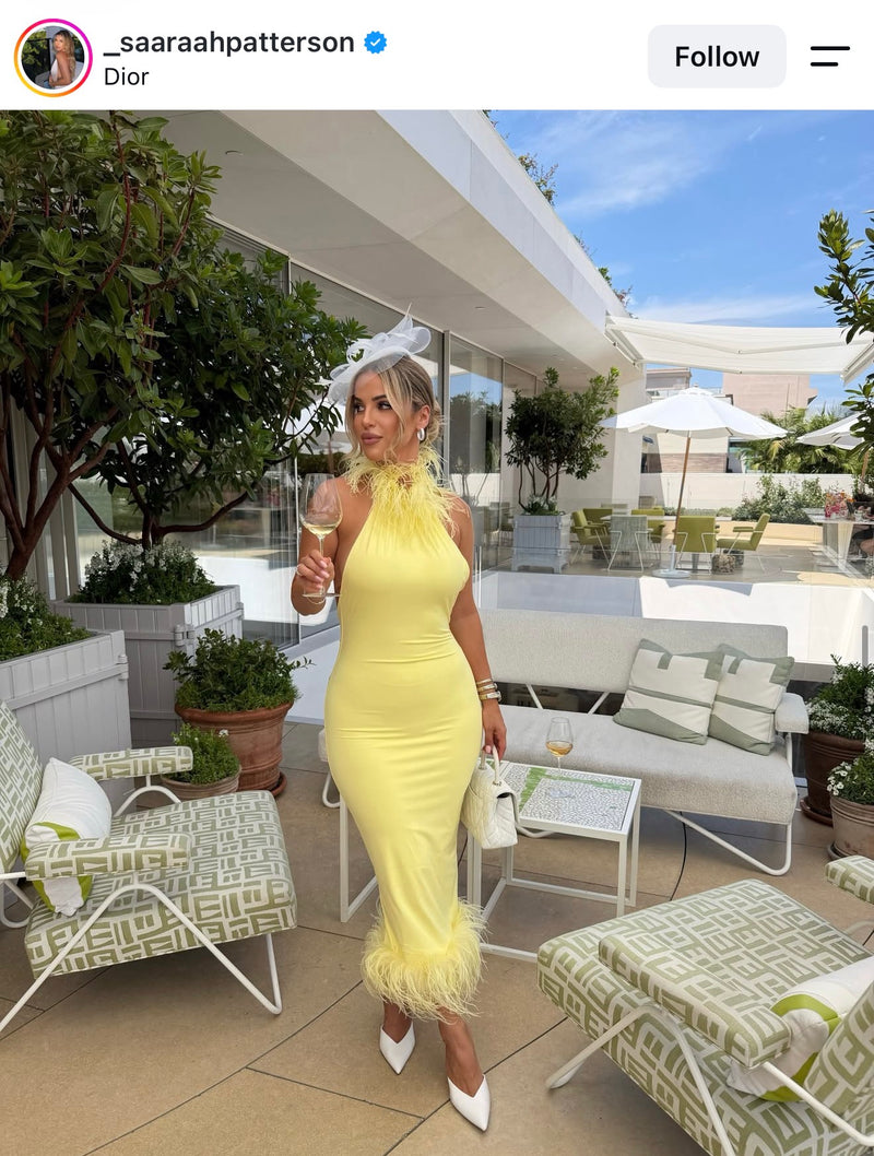 Private Desire Feather Trim Midi Dress Yellow